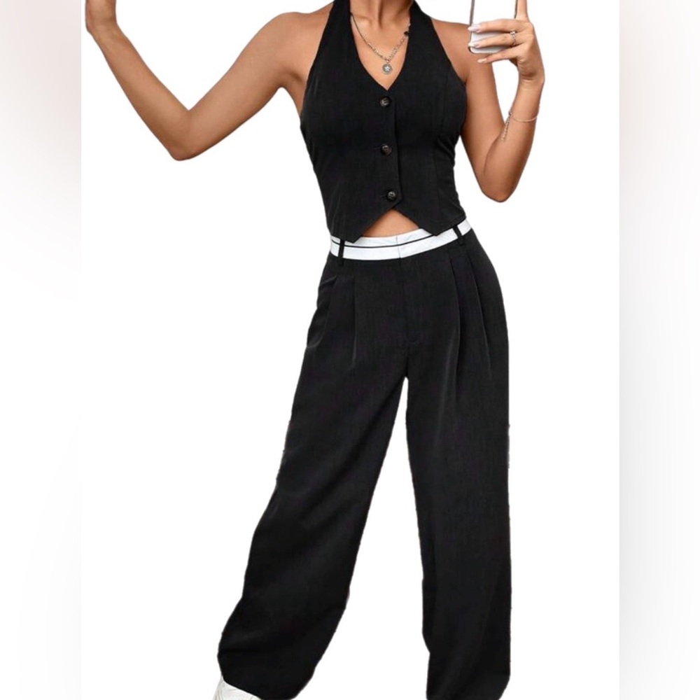 Black Wide-Leg High-Waist Pants with Vest